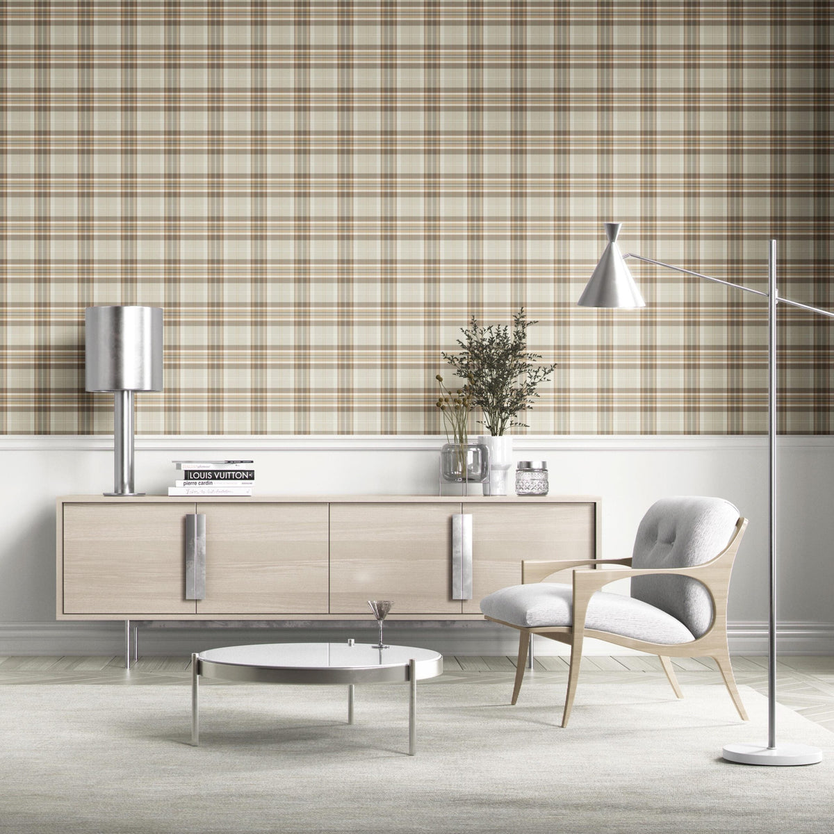 Neutral Geometric Plaid Checkered Kitchen Wallpaper (Greige/ Brown/ Cream/ Warm Gray)