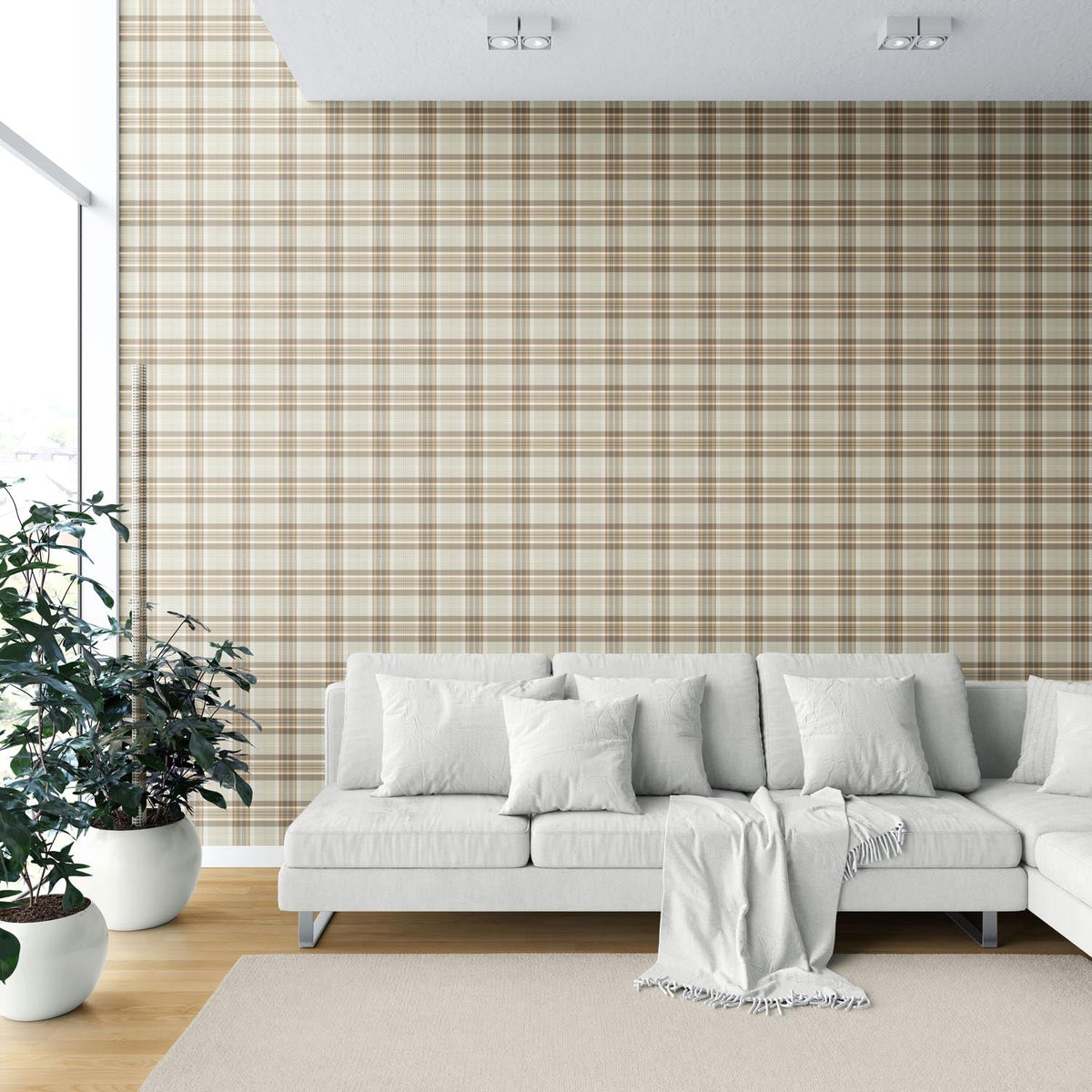 Neutral Geometric Plaid Checkered Shower Toilet Wallpaper (Greige/ Brown/ Cream/ Warm Gray)