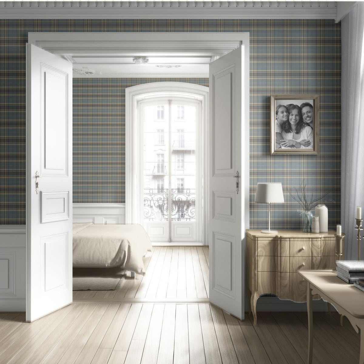 Geometric Plaid Checkered Living Room Wallpaper Sample (Gray/ Blue/ Beige/ Brown)