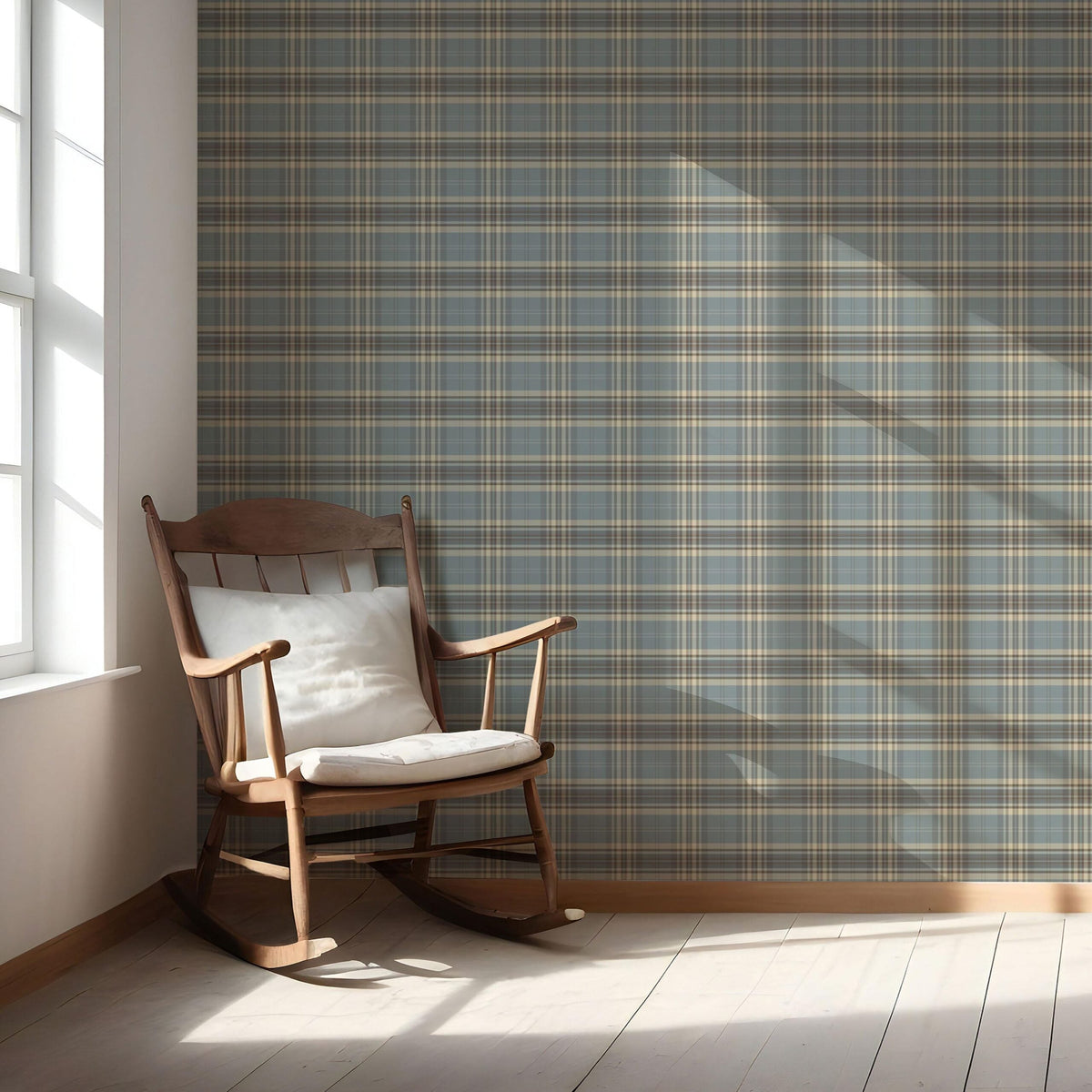 Geometric Plaid Checkered Nursery Wallpaper Sample (Gray/ Blue/ Beige/ Brown)