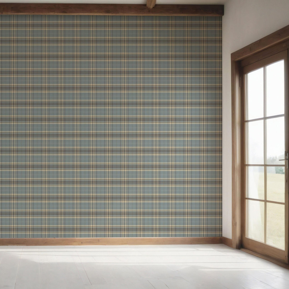 Geometric Plaid Checkered Bedroom Wallpaper Sample (Gray/ Blue/ Beige/ Brown)
