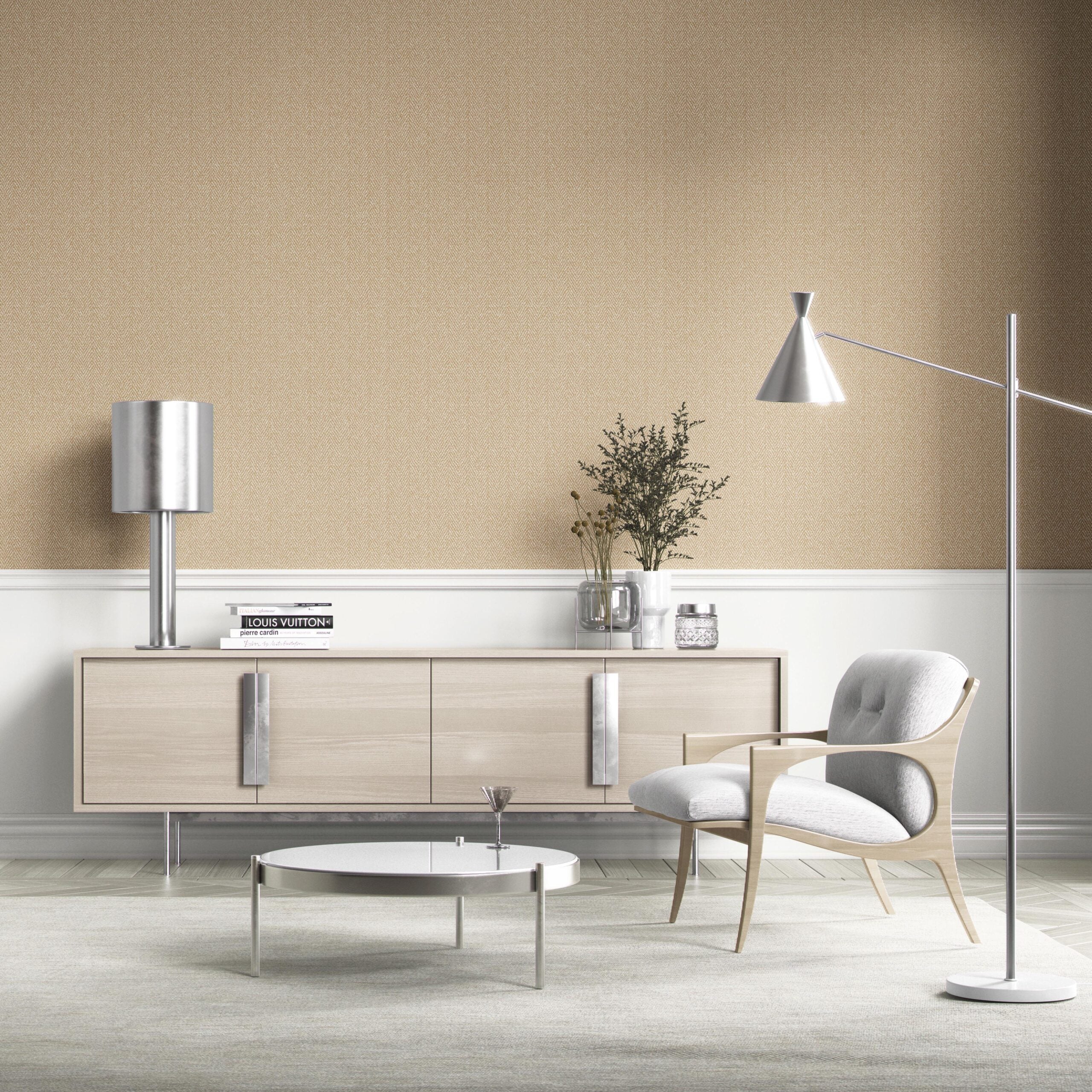 Neutral Herringbone Textured Kitchen Wallpaper Sample (Gold Beige/ Khaki)