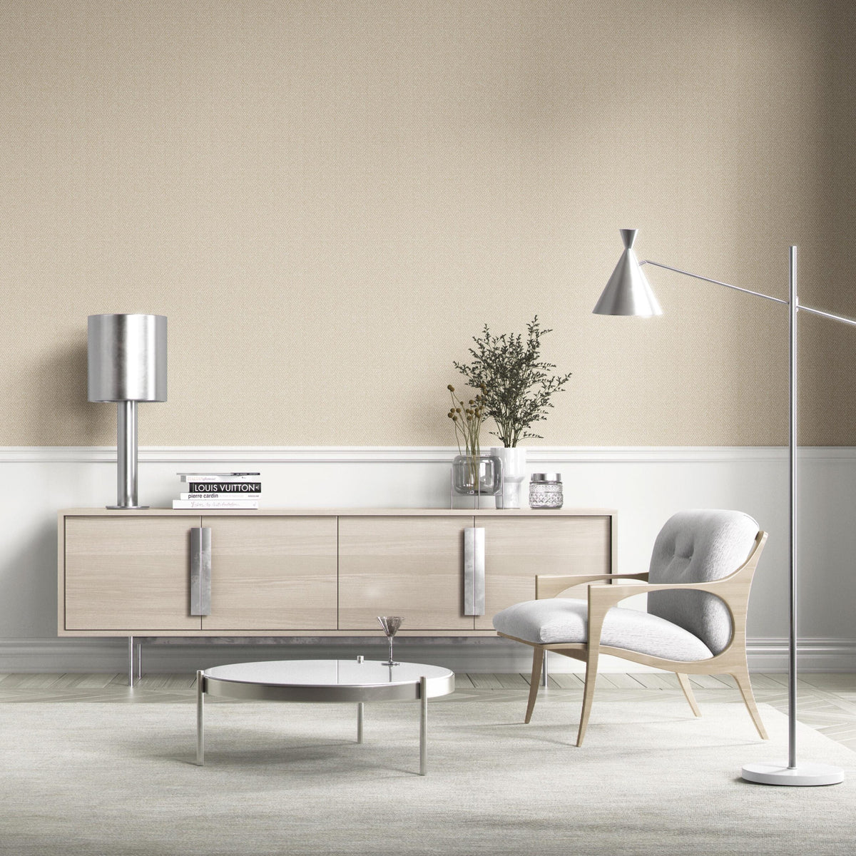 Neutral Herringbone Textured Kitchen Wallpaper (Light Beige)
