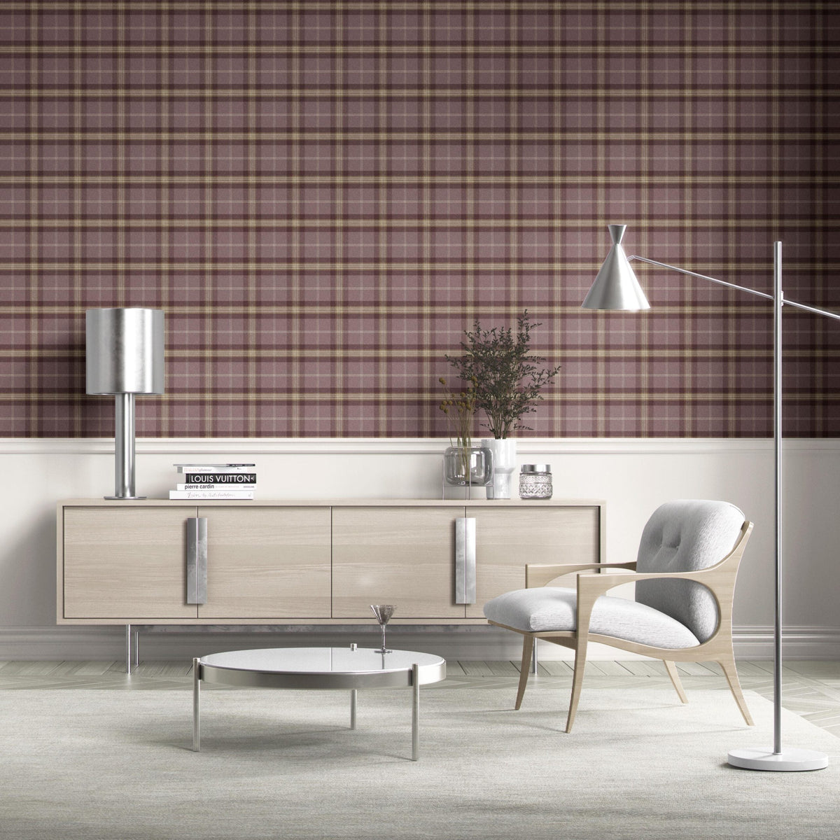 Geometric Plaid Checkered Kitchen Wallpaper Sample (Purple/ Mauve/ Pink/ Cream)