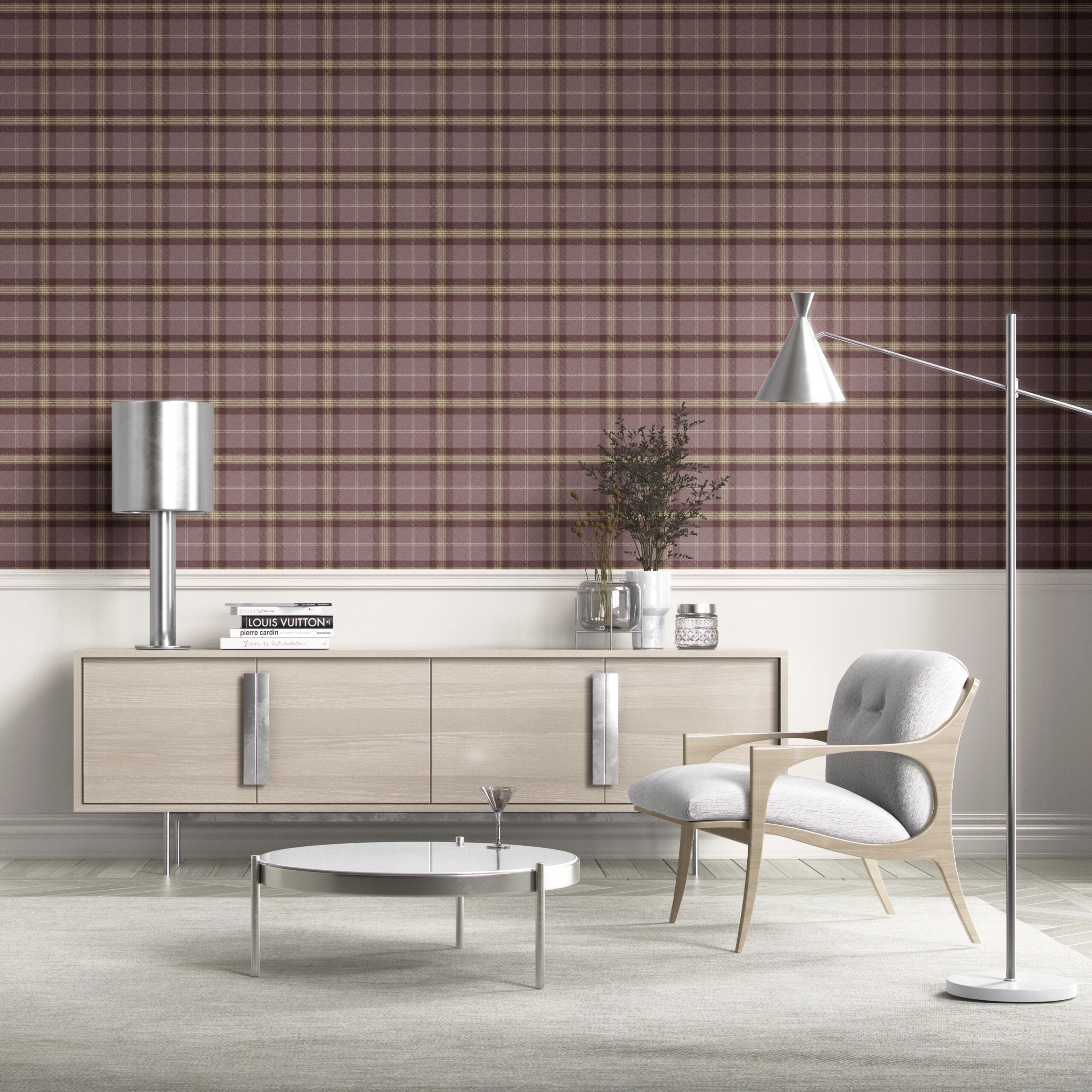 Geometric Plaid Checkered Kitchen Wallpaper (Purple/ Mauve/ Pink/ Cream)