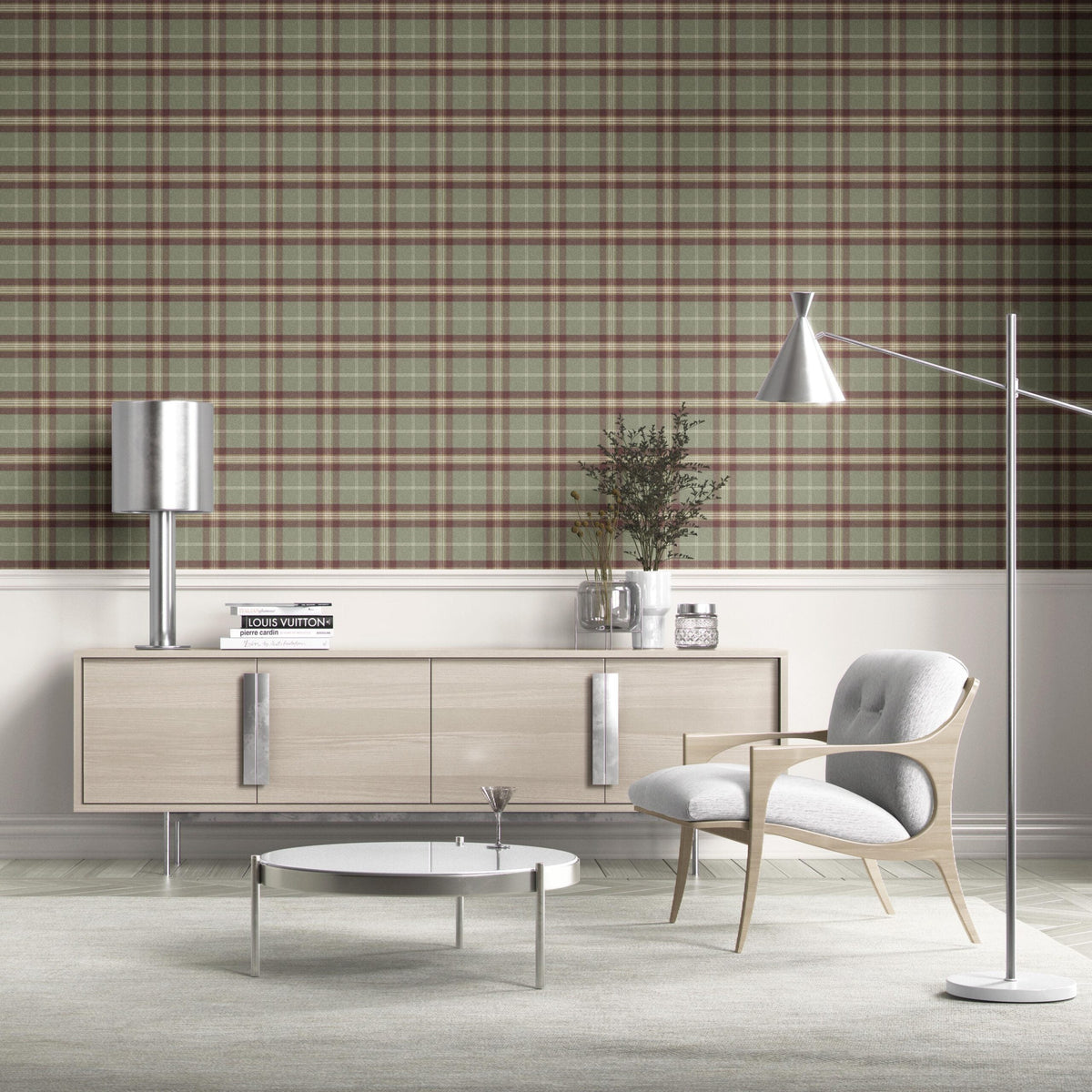 Geometric Plaid Checkered Kitchen Wallpaper Sample (Olive Green/ Red/ Beige)