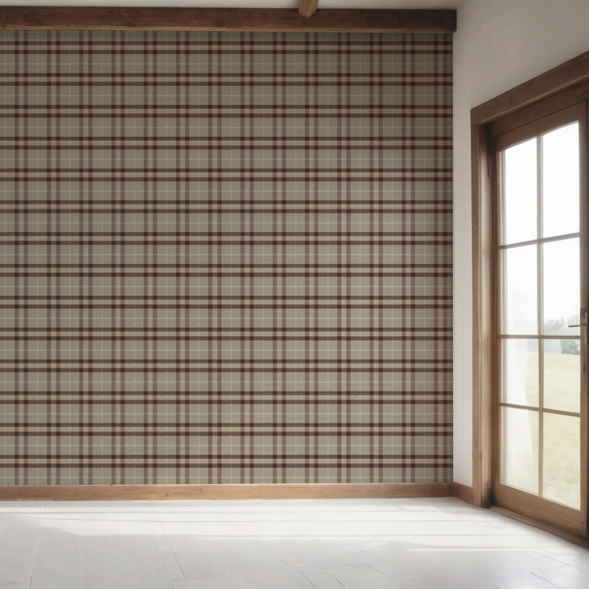 Geometric Plaid Checkered Bedroom Wallpaper Sample (Brown/ Maroon/ Beige)