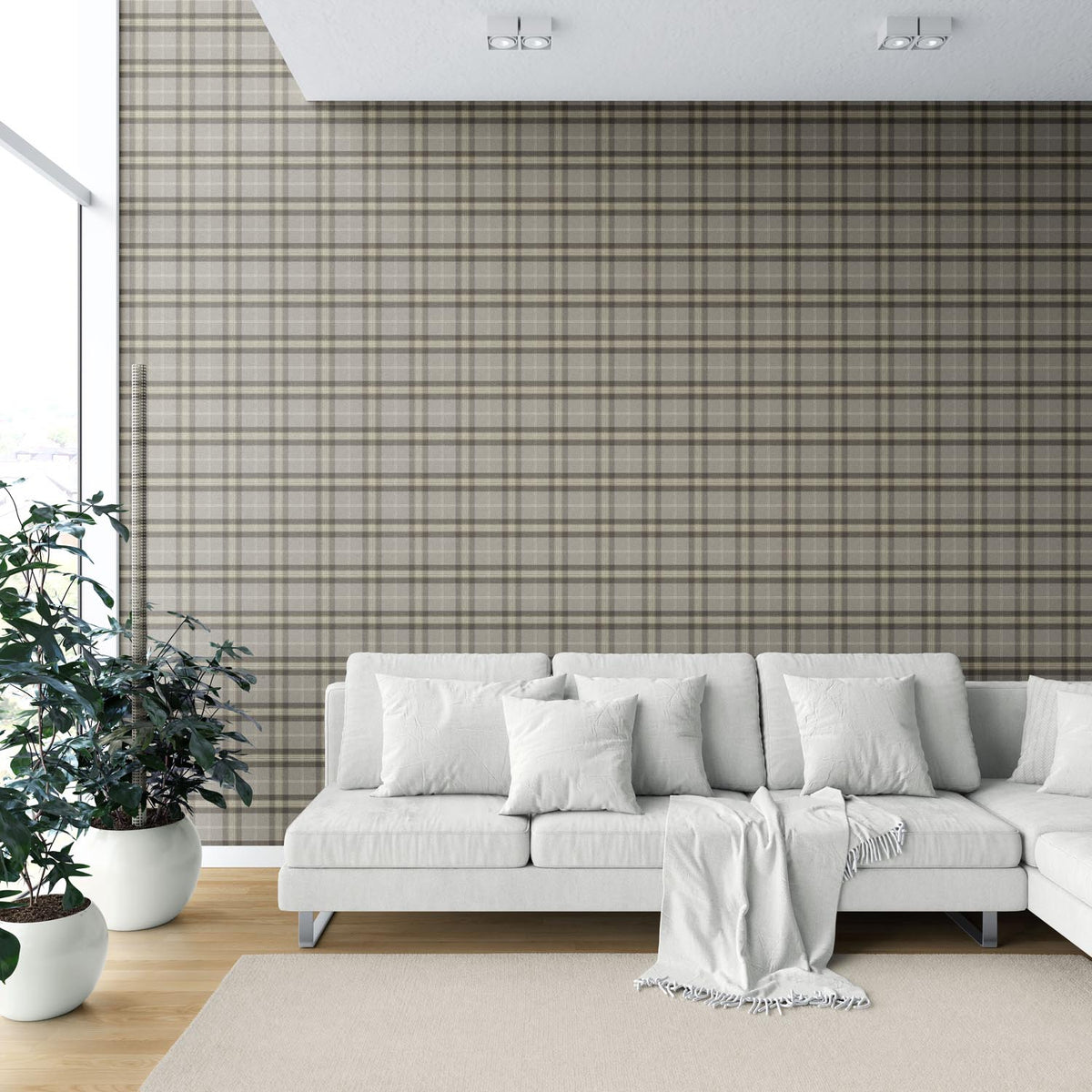 Geometric Plaid Checkered Shower Toilet Wallpaper (Gray/ Cedar Brown)
