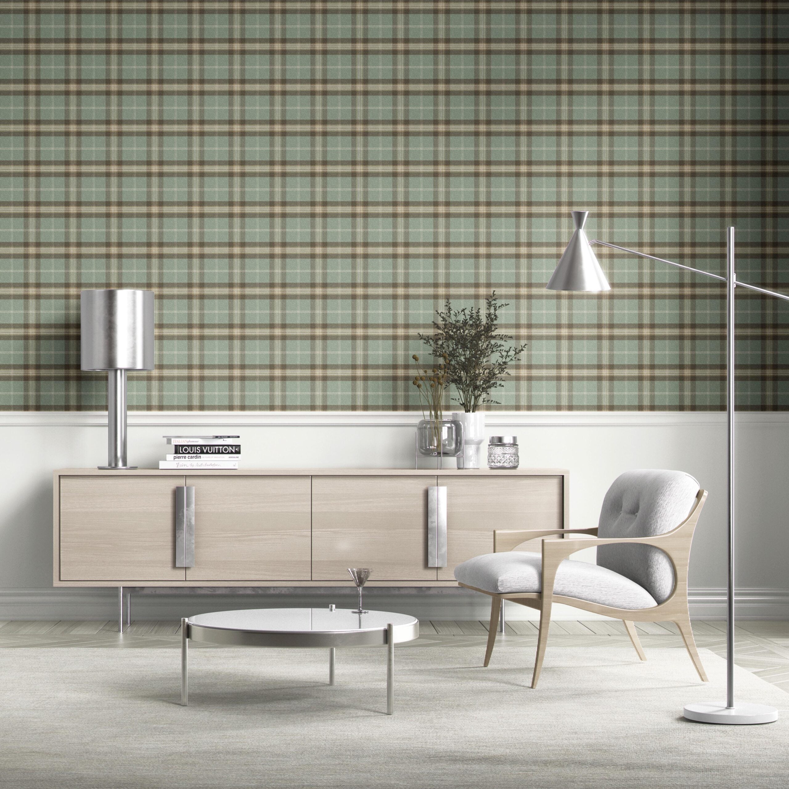 Geometric Plaid Checkered Kitchen Wallpaper Sample (Green/ Brown/ Beige)