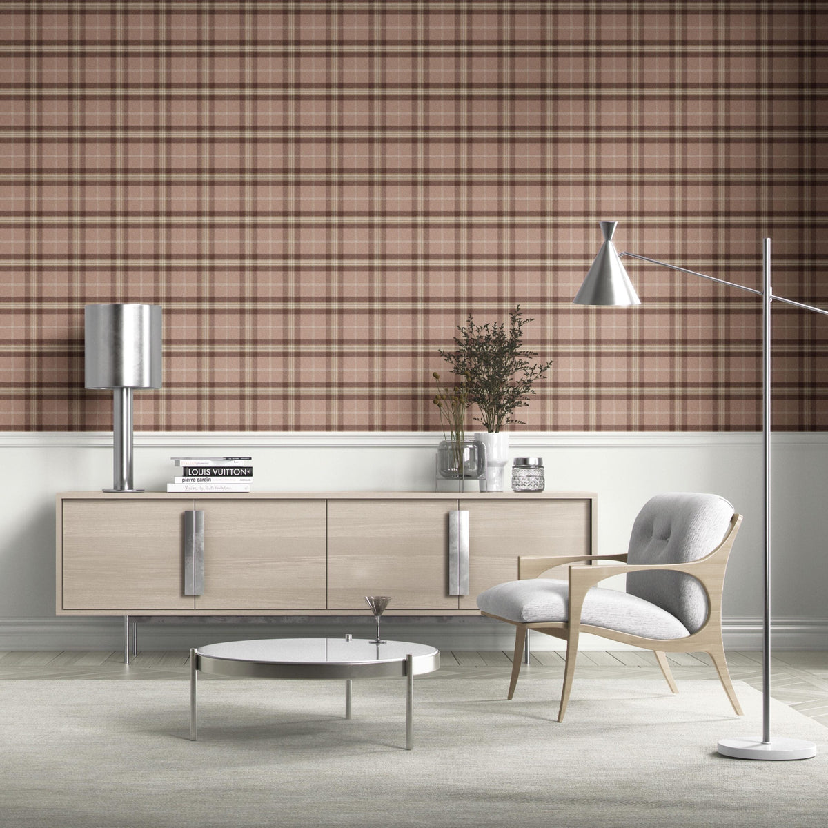 Geometric Plaid Checkered Kitchen Wallpaper (Blush Rose Pink/ Brown/ Beige)