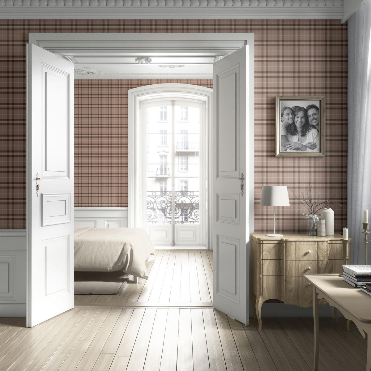 Geometric Plaid Checkered Living Room Wallpaper (Blush Rose Pink/ Brown/ Beige)