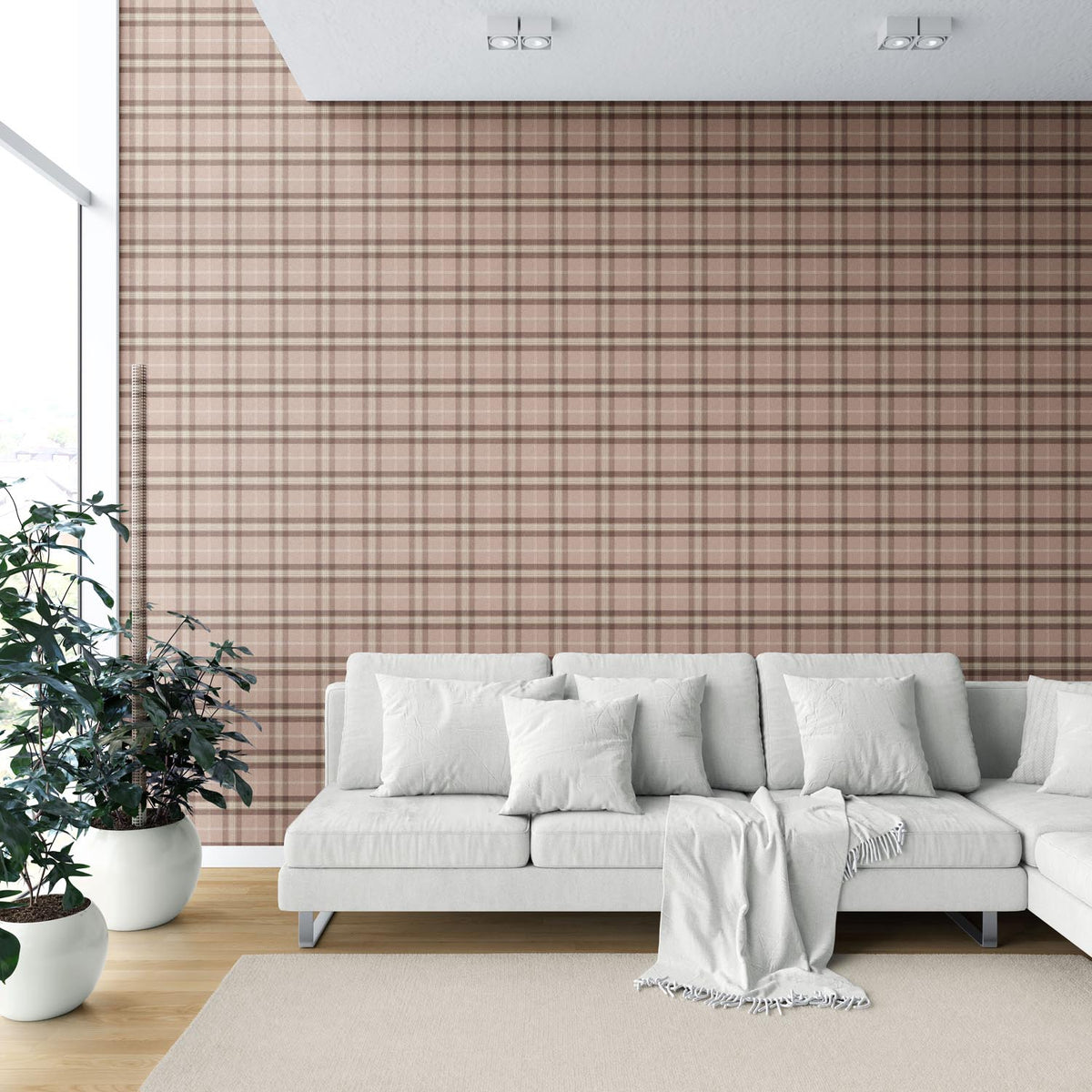 Geometric Plaid Checkered Shower Toilet Wallpaper (Blush Rose Pink/ Brown/ Beige)