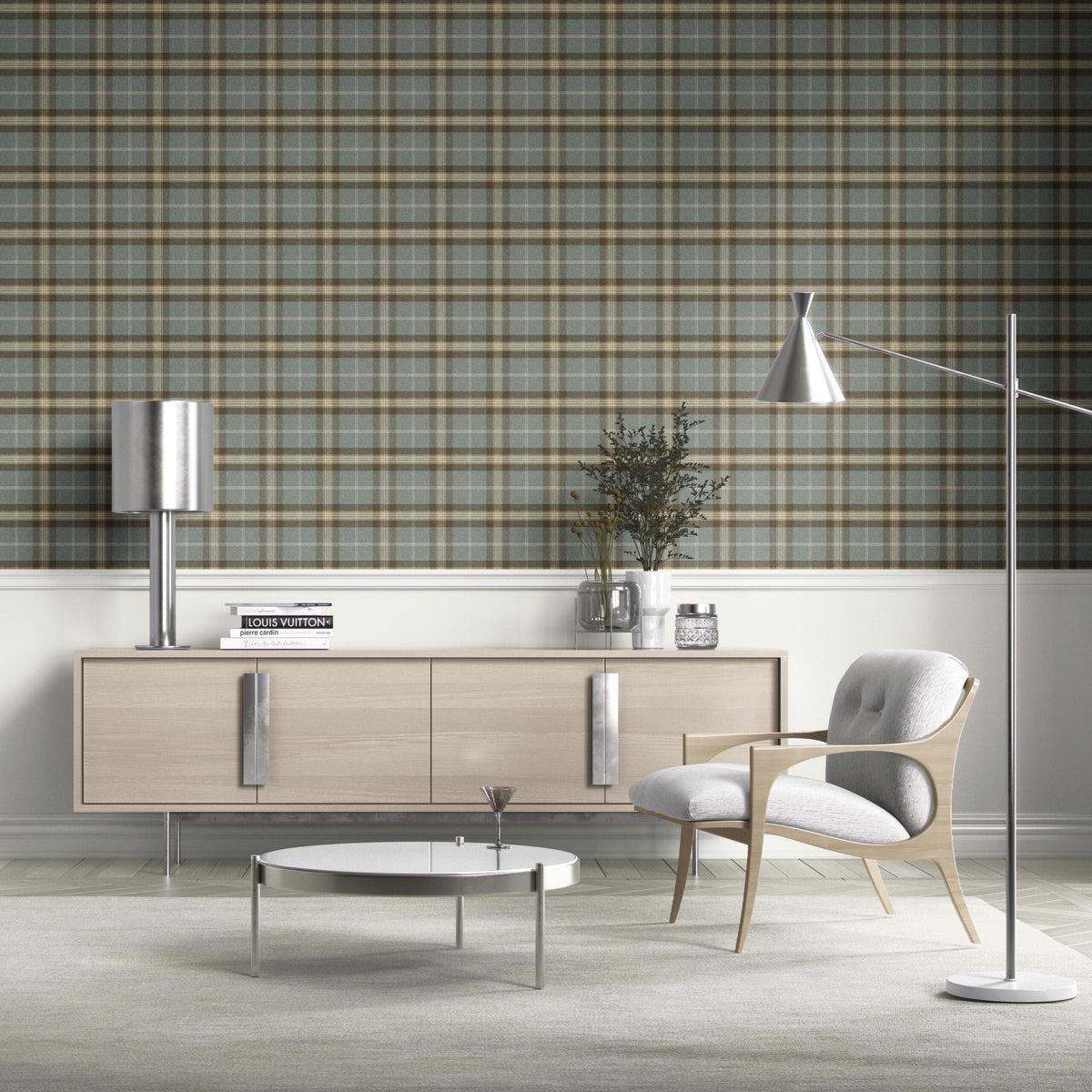 Geometric Plaid Checkered Kitchen Wallpaper (Blue-Gray/ Brown)