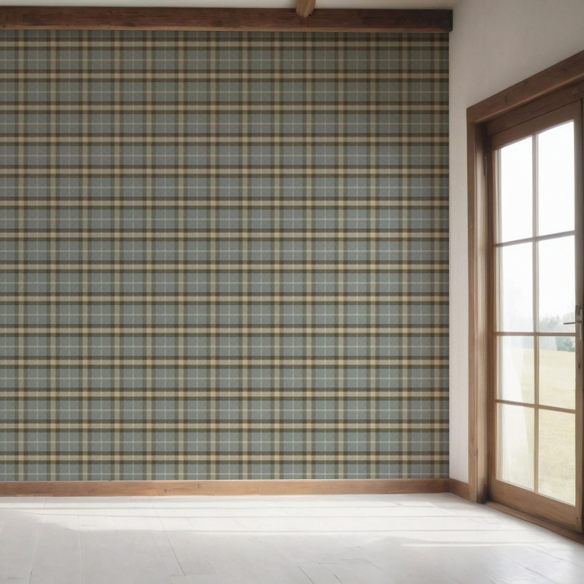 Geometric Plaid Checkered Bedroom Wallpaper Sample (Blue-Gray/ Brown)