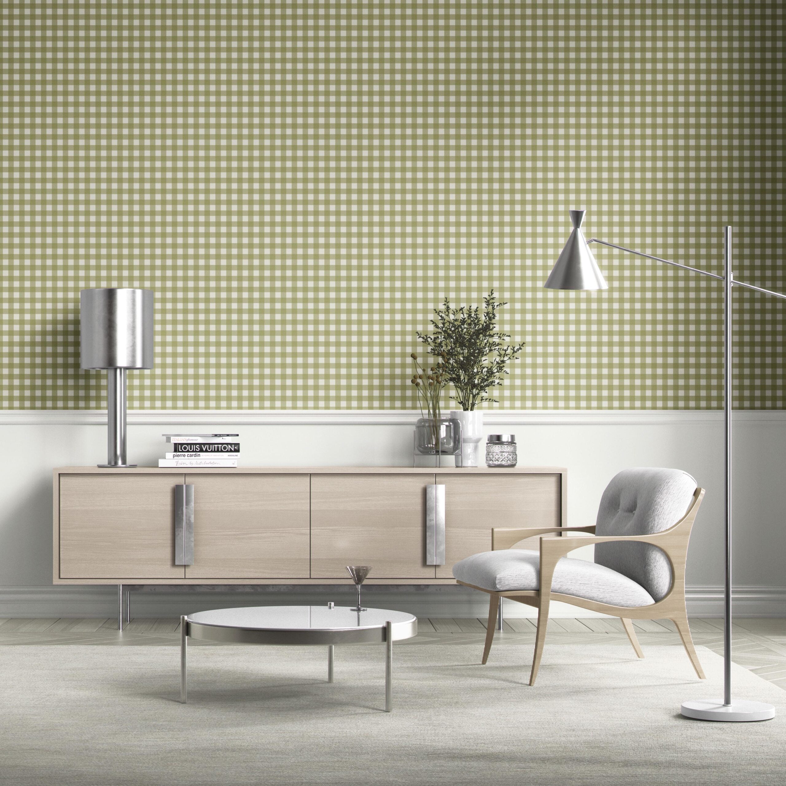 Geometric Gingham Checkered Bathroom Wallpaper Sample (Green)