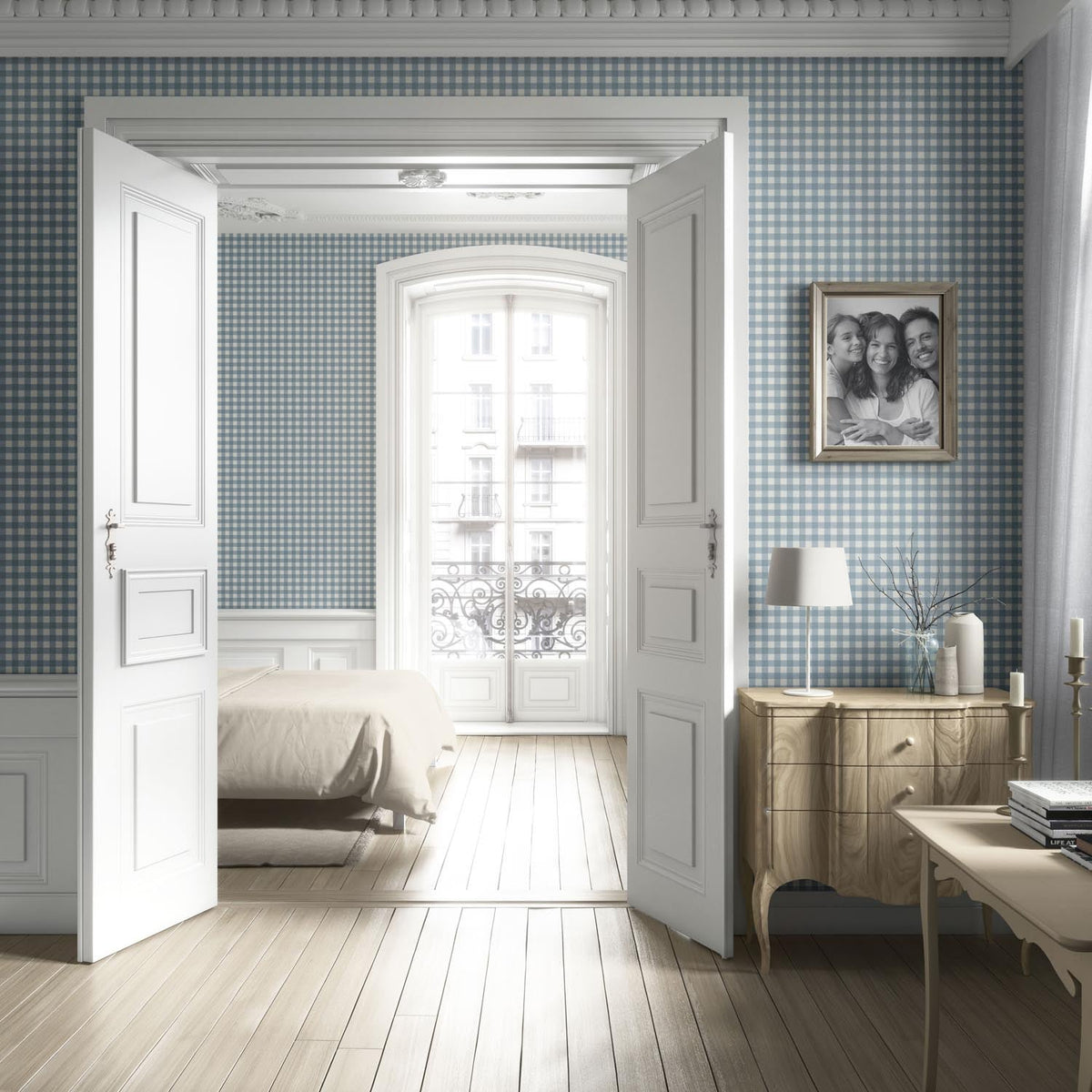 Geometric Gingham Checkered Kitchen Wallpaper (Blue)