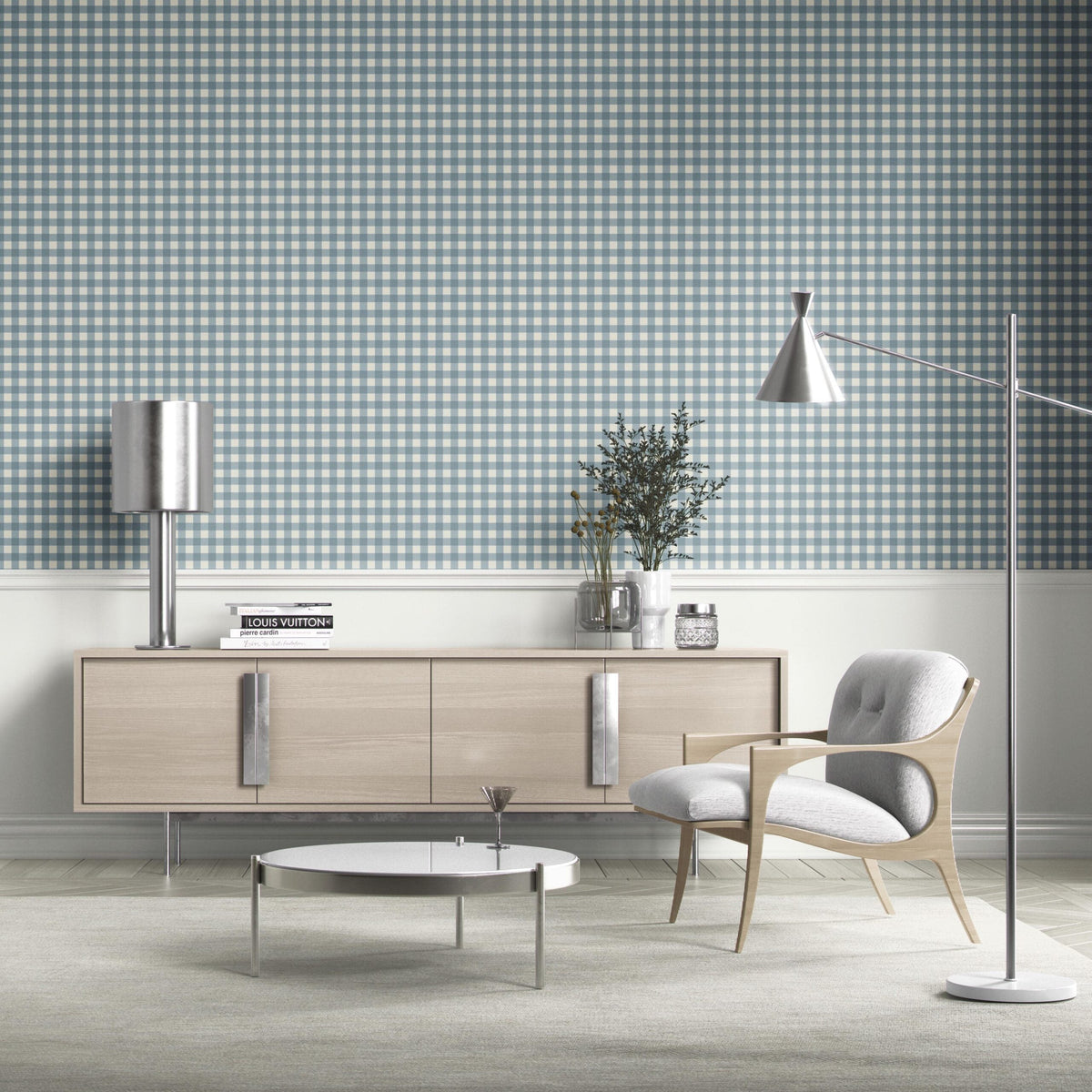 Geometric Gingham Checkered Bathroom Wallpaper (Blue)