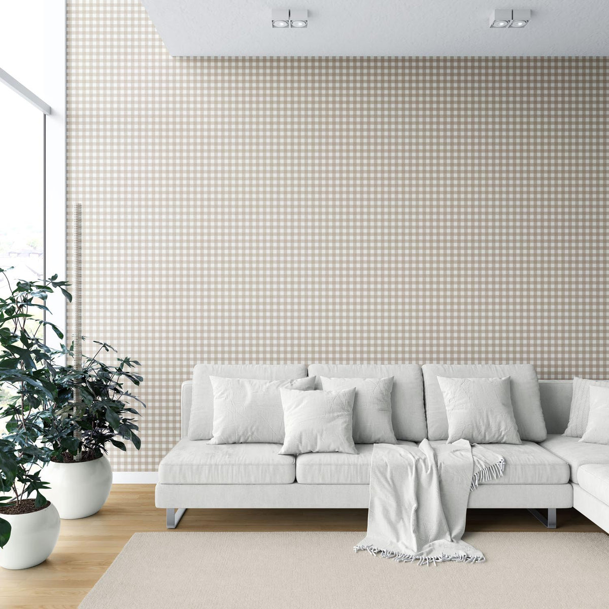 Neutral Geometric Gingham Checkered Shower Toilet Wallpaper Sample (Oatmeal Beige/ Soft Taupe)