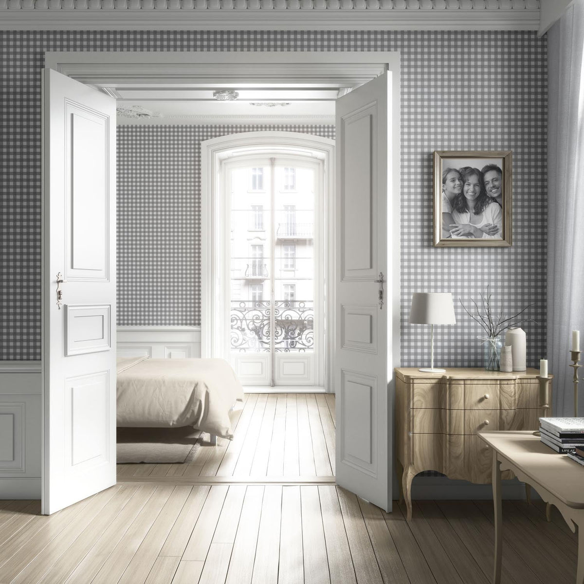 Neutral Geometric Gingham Checkered Kitchen Wallpaper (Gray)