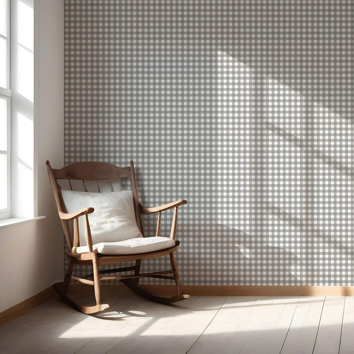 Neutral Geometric Gingham Checkered Nursery Wallpaper (Gray)