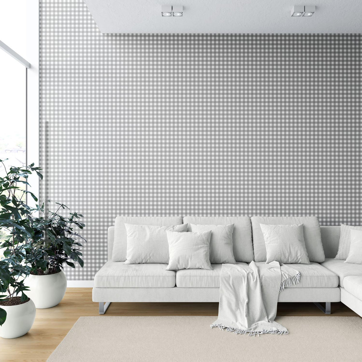 Neutral Geometric Gingham Checkered Shower Toilet Wallpaper (Gray)