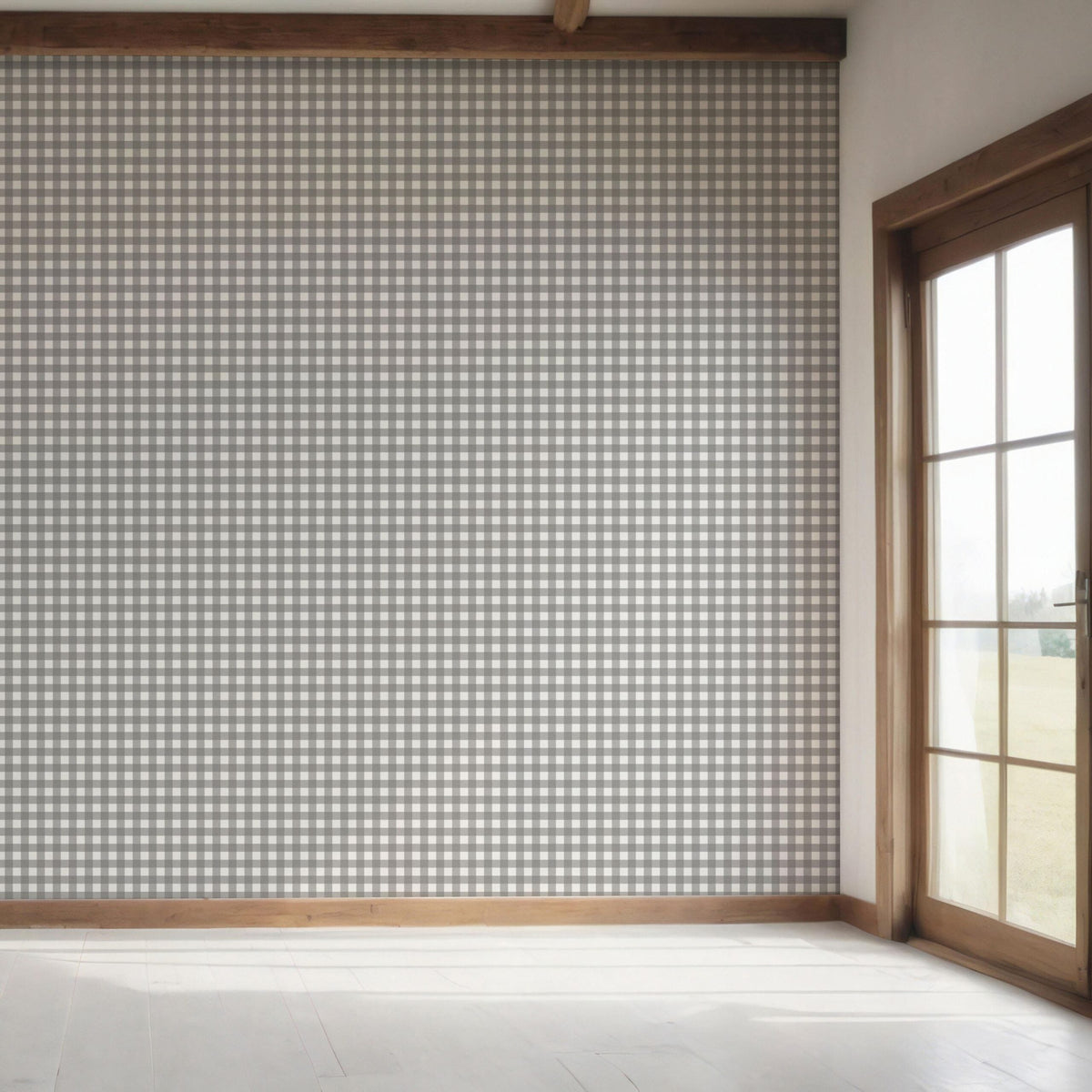 Neutral Geometric Gingham Checkered Bedroom Wallpaper Sample (Gray)