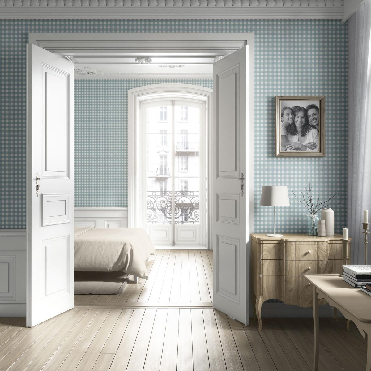 Geometric Gingham Checkered Kitchen Wallpaper (Seaglass Blue)