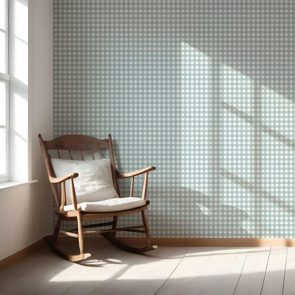 Geometric Gingham Checkered Nursery Wallpaper Sample (Seaglass Blue)