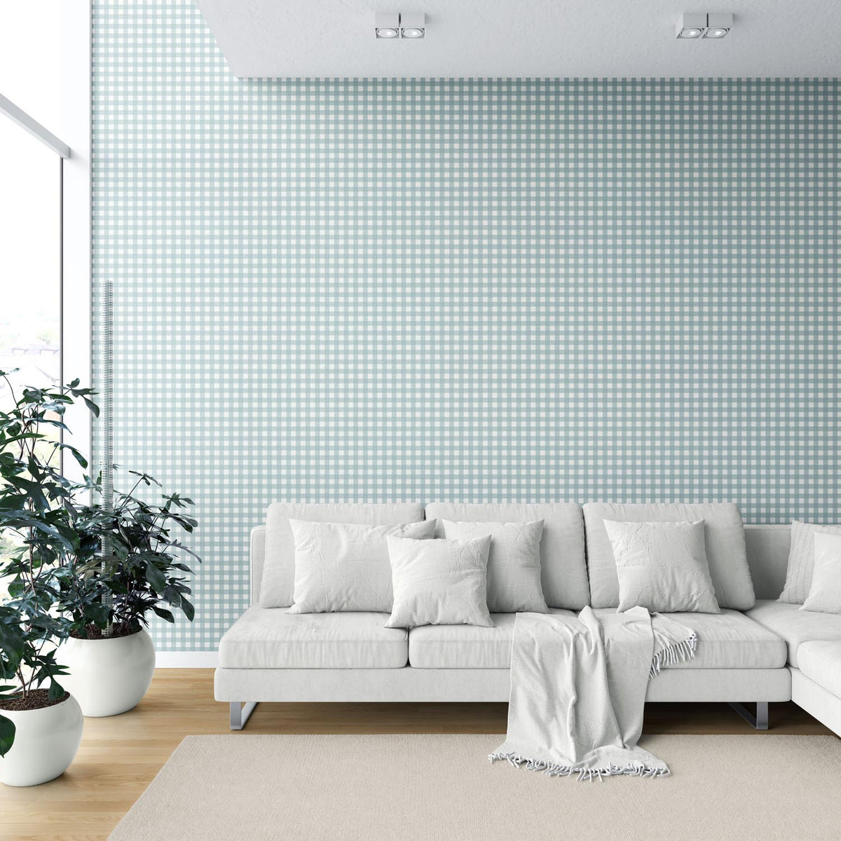 Geometric Gingham Checkered Shower Toilet Wallpaper (Seaglass Blue)