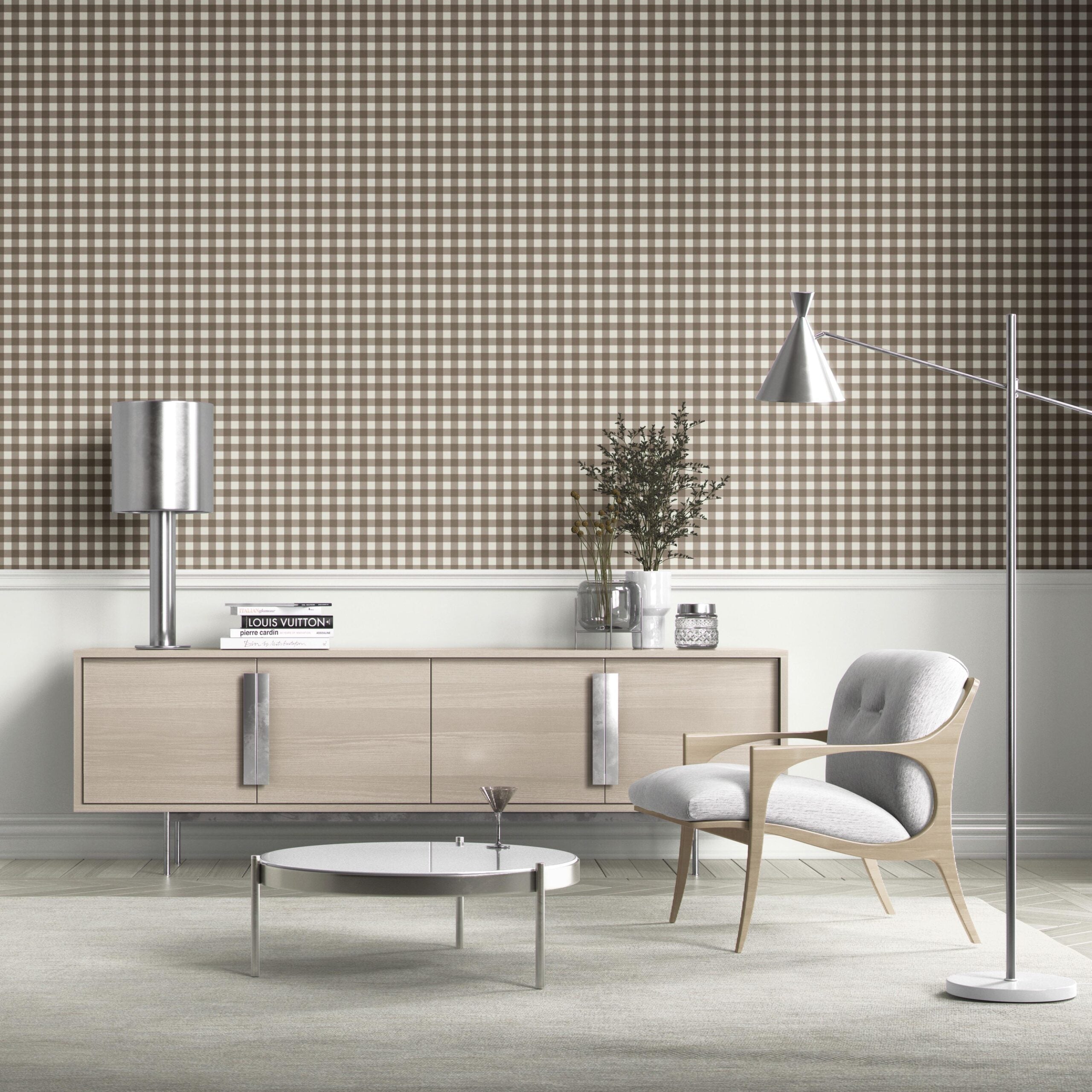 Neutral Geometric Gingham Checkered Bathroom Wallpaper Sample (Brown/ Taupe)
