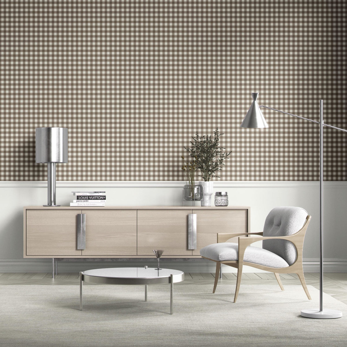 Neutral Geometric Gingham Checkered Bathroom Wallpaper Sample (Brown/ Taupe)