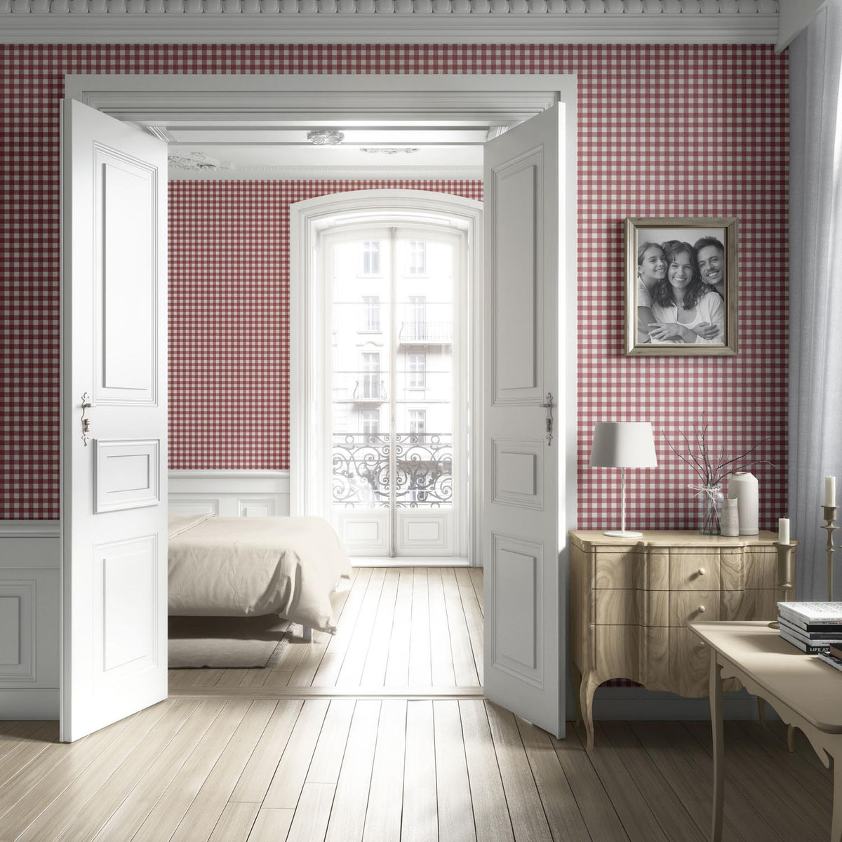 Geometric Gingham Checkered Kitchen Wallpaper (Cranberry Red)
