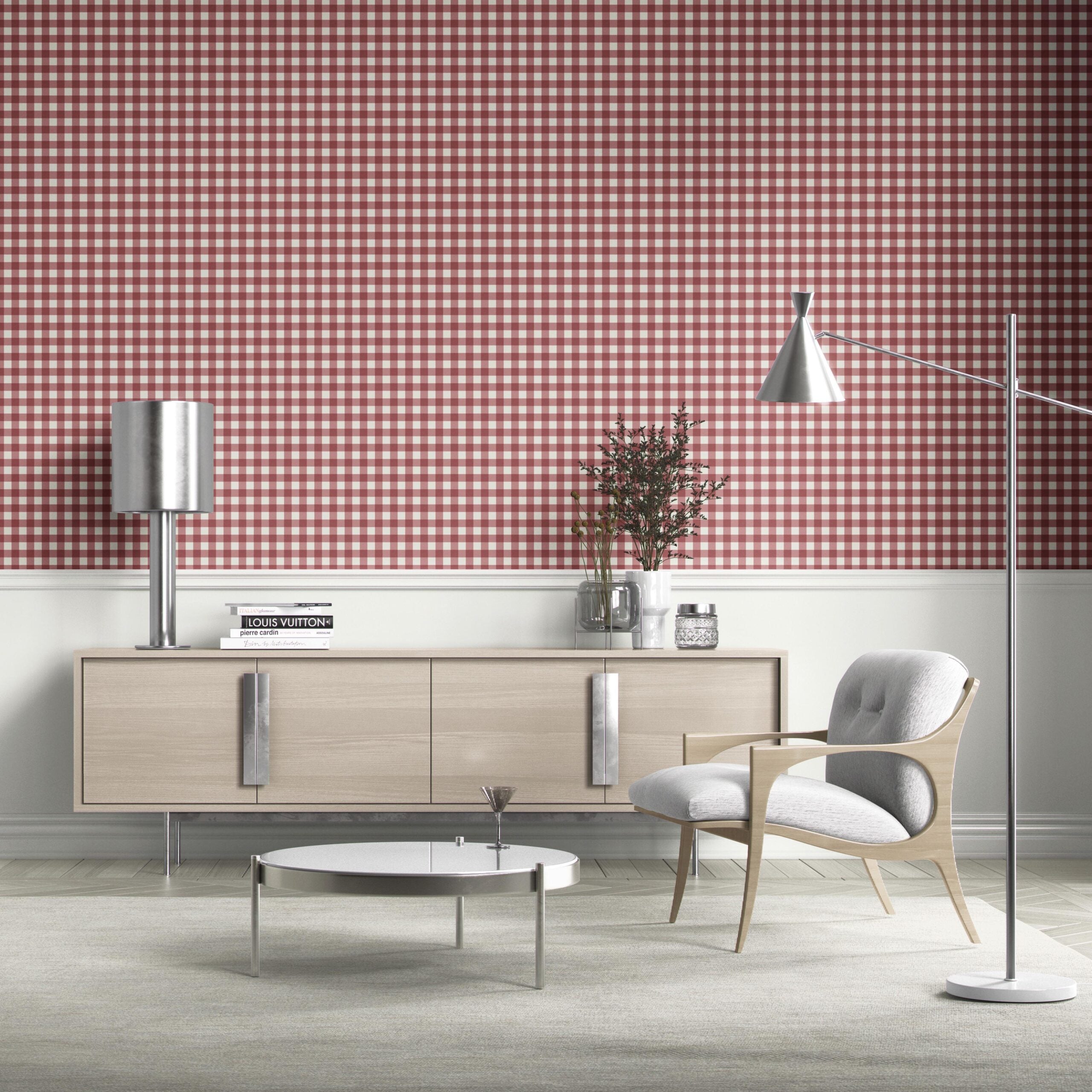 Geometric Gingham Checkered Bathroom Wallpaper (Cranberry Red)