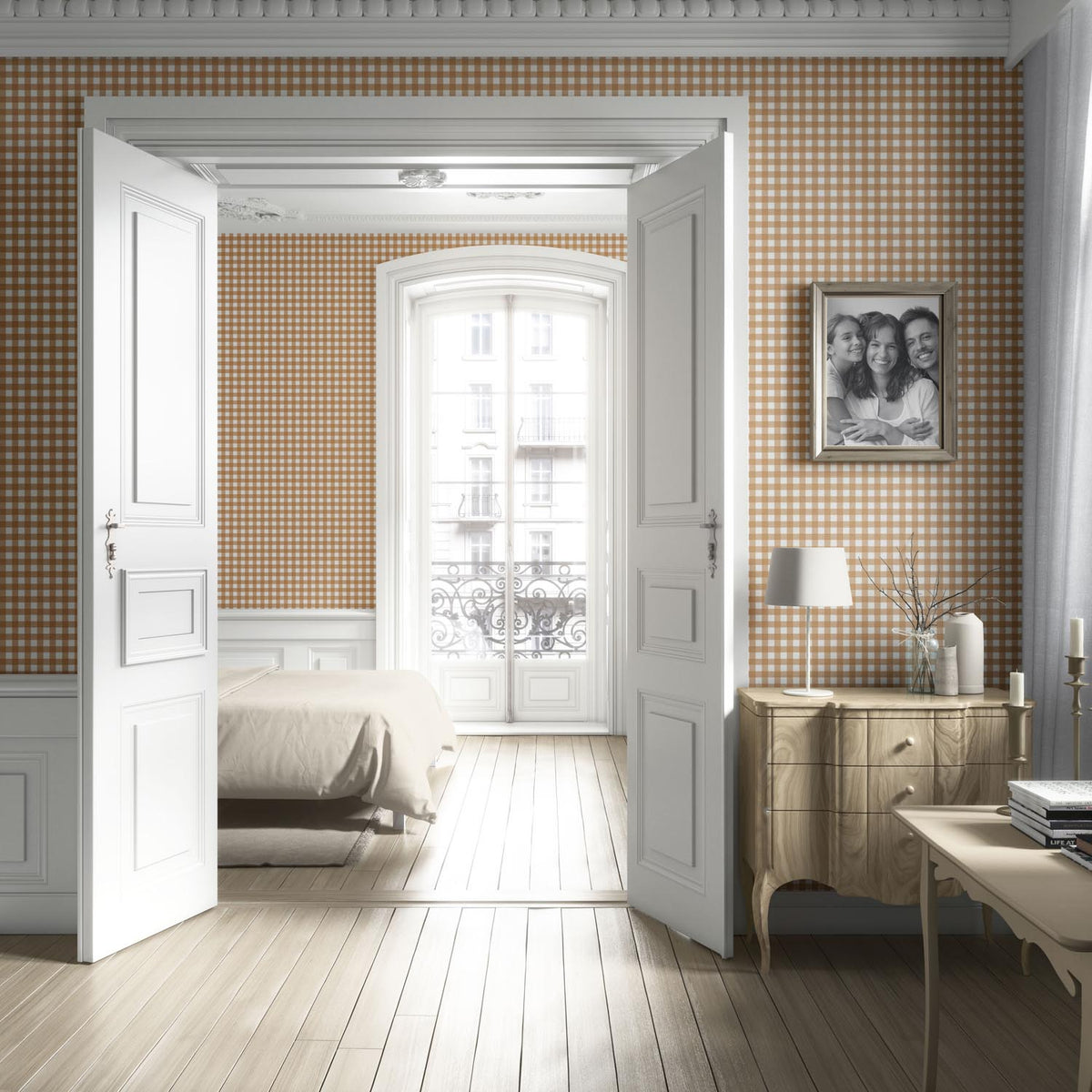 Geometric Gingham Checkered Kitchen Wallpaper (Bronze Orange)