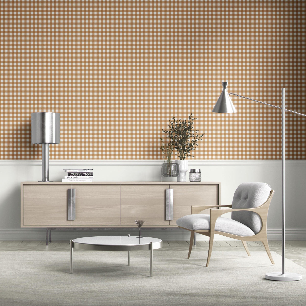 Geometric Gingham Checkered Bathroom Wallpaper Sample (Bronze Orange)