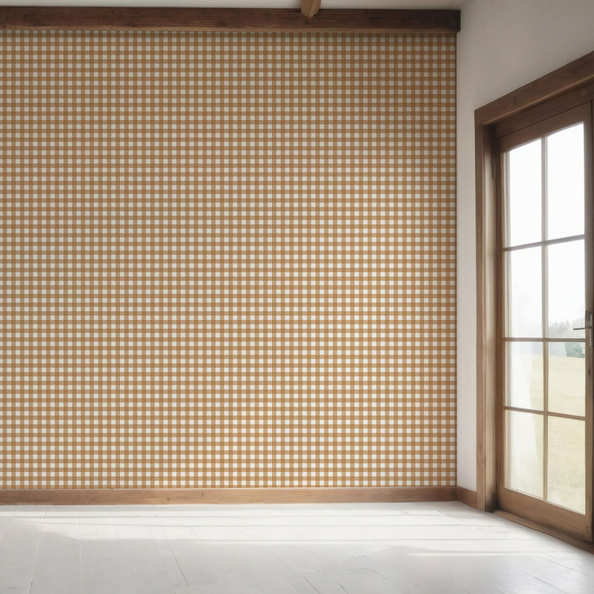 Geometric Gingham Checkered Bedroom Wallpaper Sample (Bronze Orange)