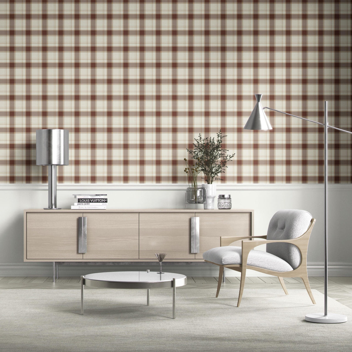 Neutral Geometric Plaid Checkered Kitchen Wallpaper (Brown/ Off-White)