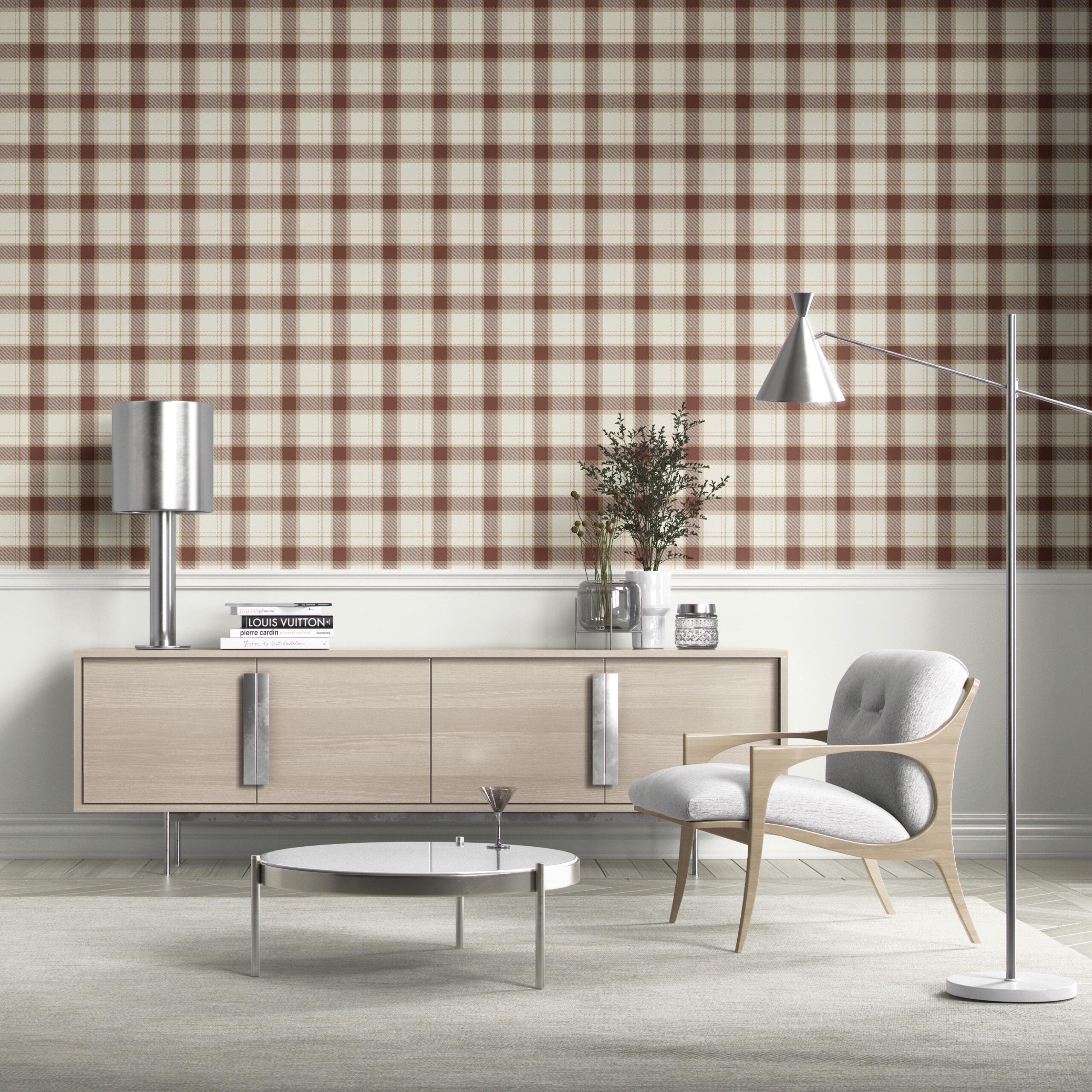 Neutral Geometric Plaid Checkered Kitchen Wallpaper Sample (Brown/ Off-White)