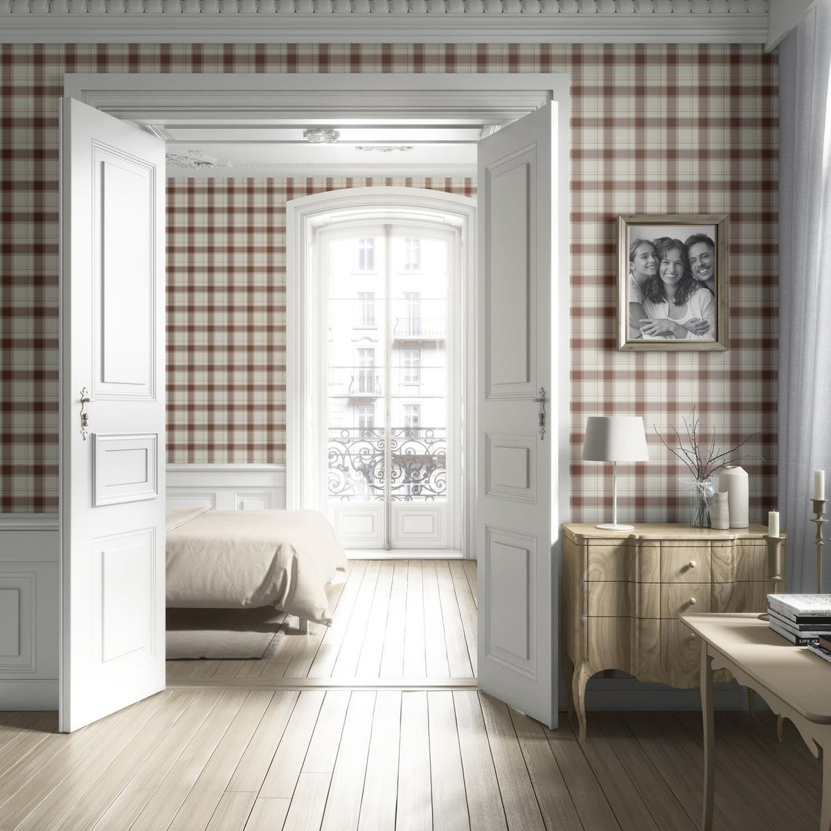 Neutral Geometric Plaid Checkered Living Room Wallpaper (Brown/ Off-White)
