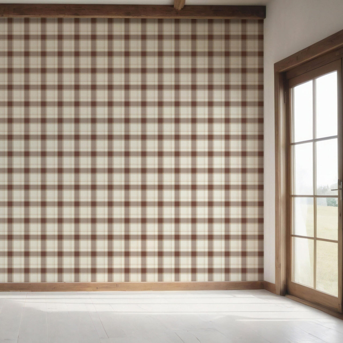 Neutral Geometric Plaid Checkered Bedroom Wallpaper Sample (Brown/ Off-White)