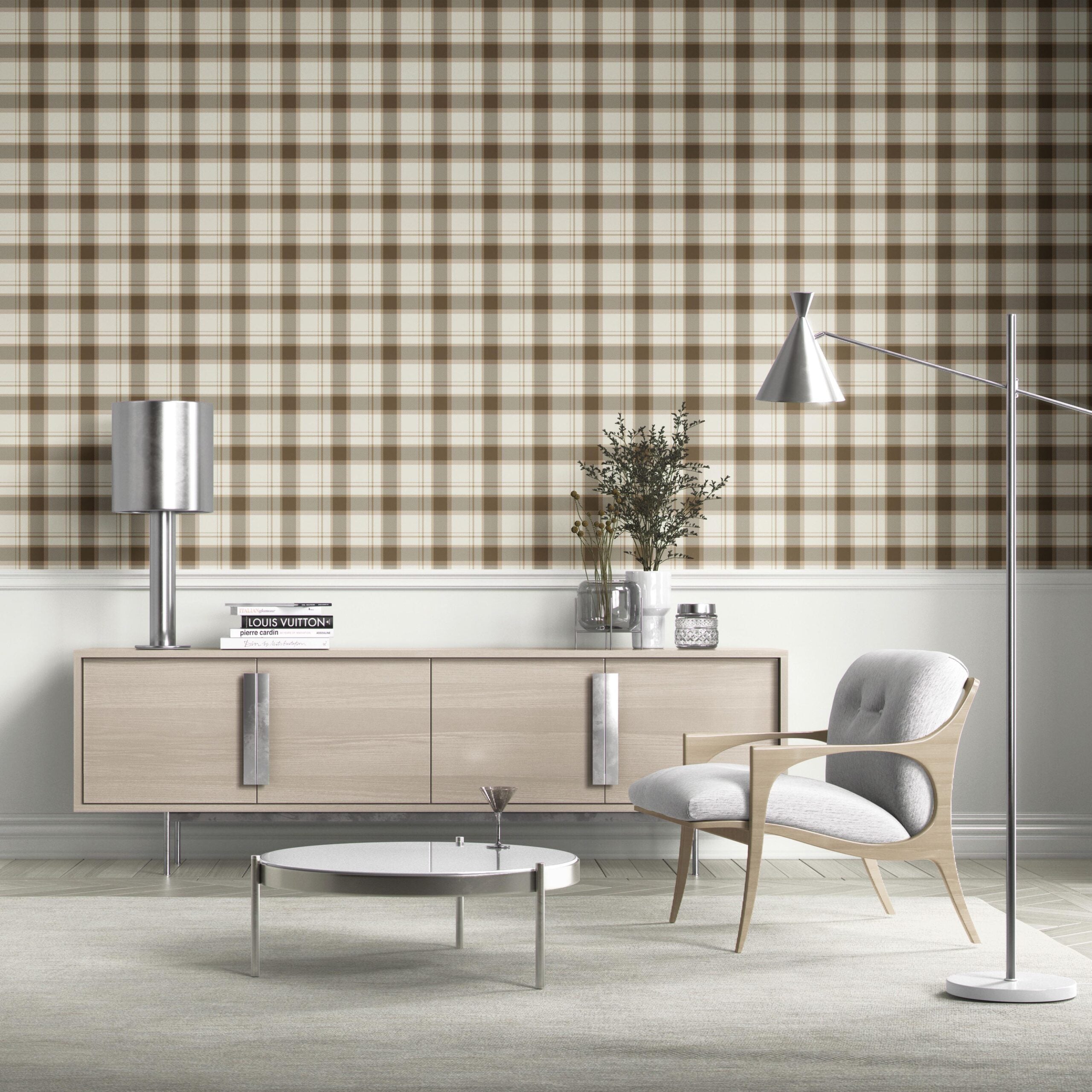 Neutral Geometric Plaid Checkered Kitchen Wallpaper (Mocha Brown/ Beige/ Off-White)