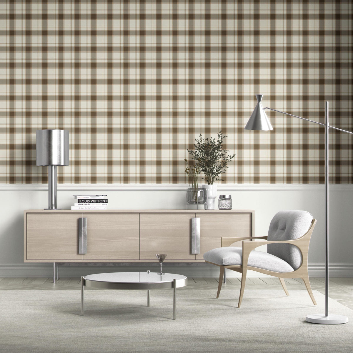Neutral Geometric Plaid Checkered Kitchen Wallpaper Sample (Mocha Brown/ Beige/ Off-White)