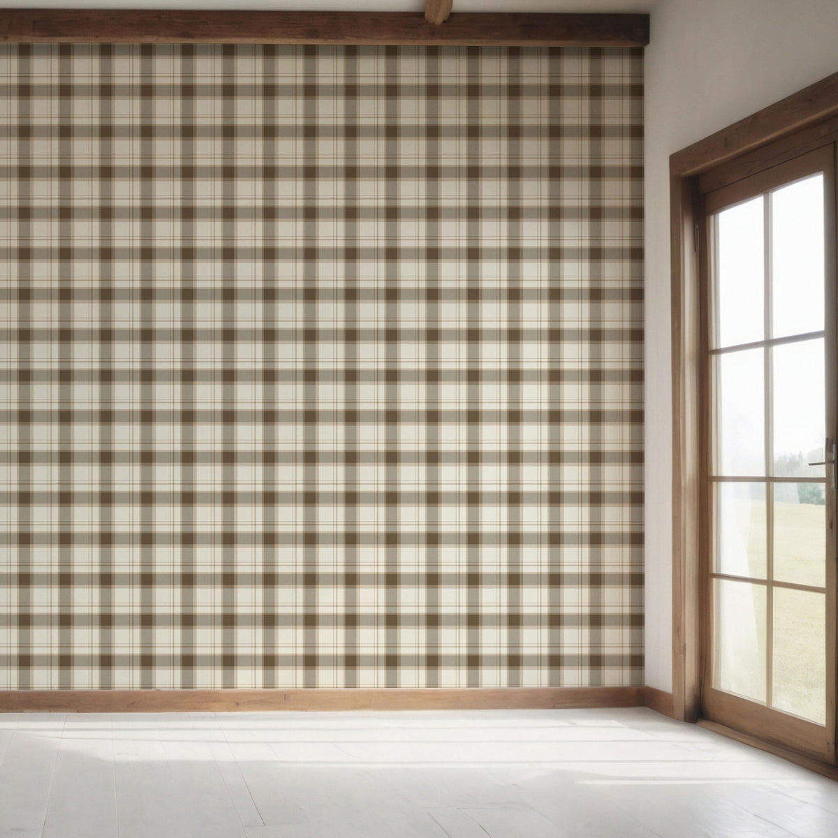 Neutral Geometric Plaid Checkered Bedroom Wallpaper Sample (Mocha Brown/ Beige/ Off-White)