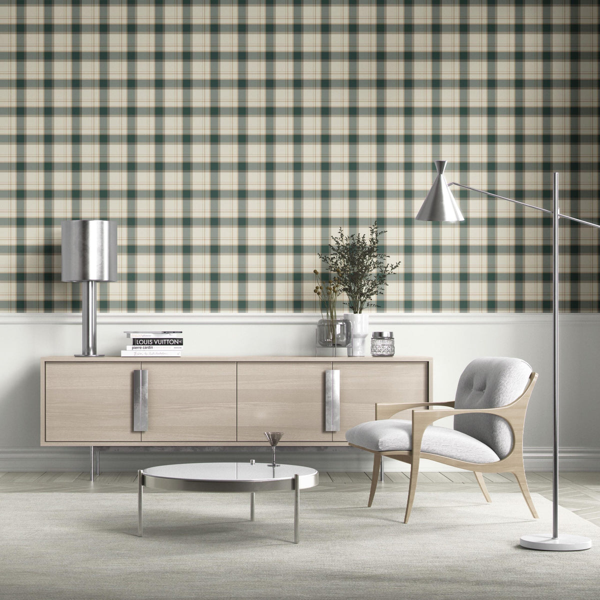 Geometric Plaid Checkered Kitchen Wallpaper (Teal Green/ Beige/ Off-White)