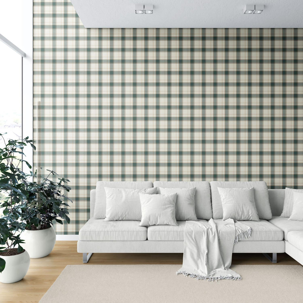 Geometric Plaid Checkered Shower Toilet Wallpaper (Teal Green/ Beige/ Off-White)