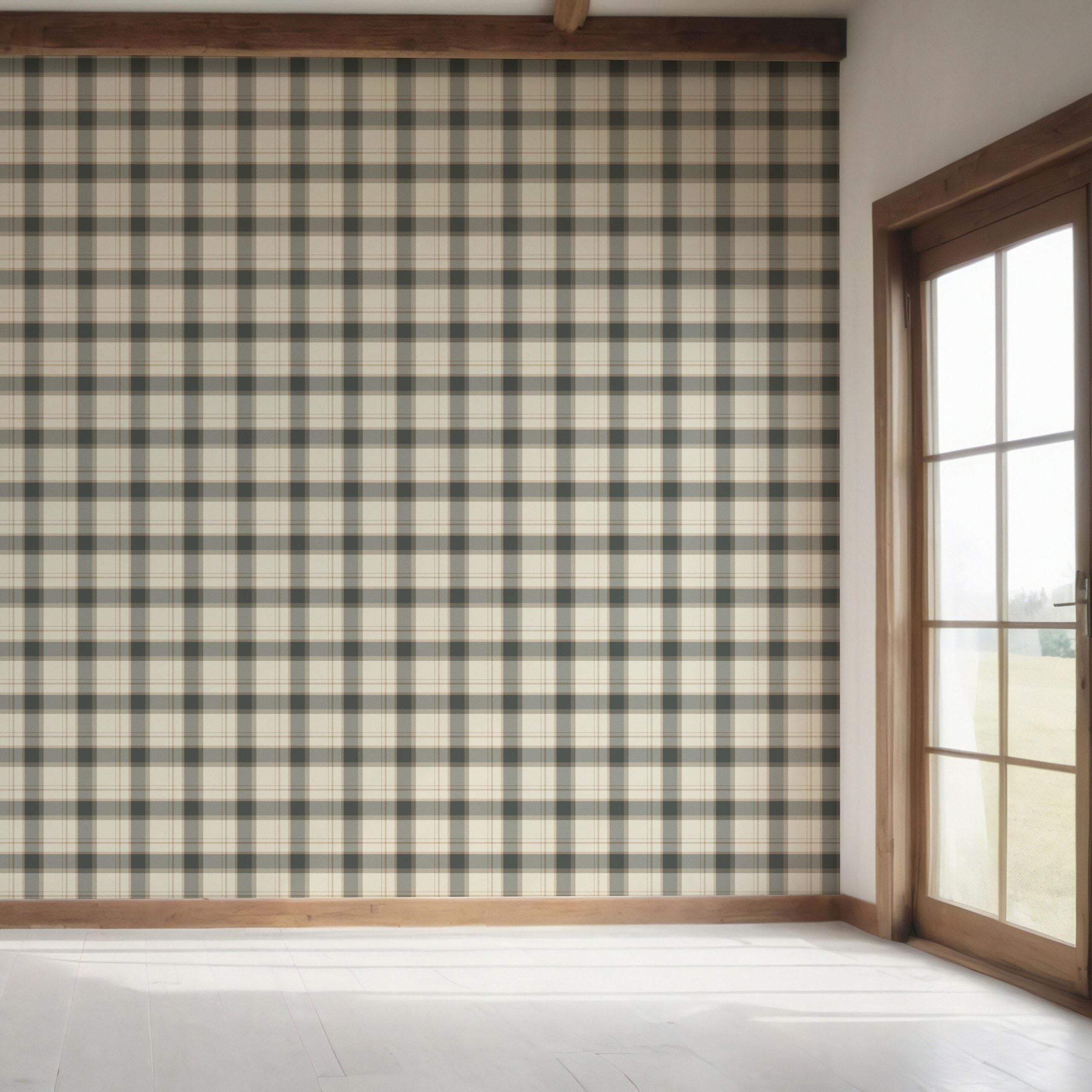 Neutral Geometric Plaid Checkered Bedroom Wallpaper Sample (Charcoal Black/ Off-White/ Beige)