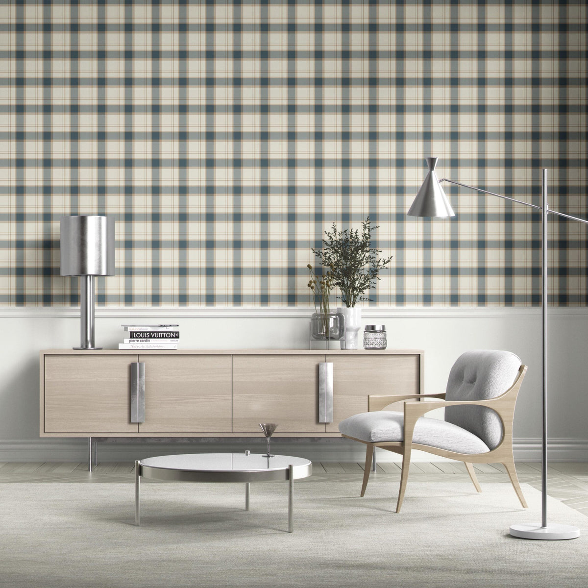 Neutral Geometric Plaid Checkered Kitchen Wallpaper Sample (Teal Blue/ Off-White/ Beige)