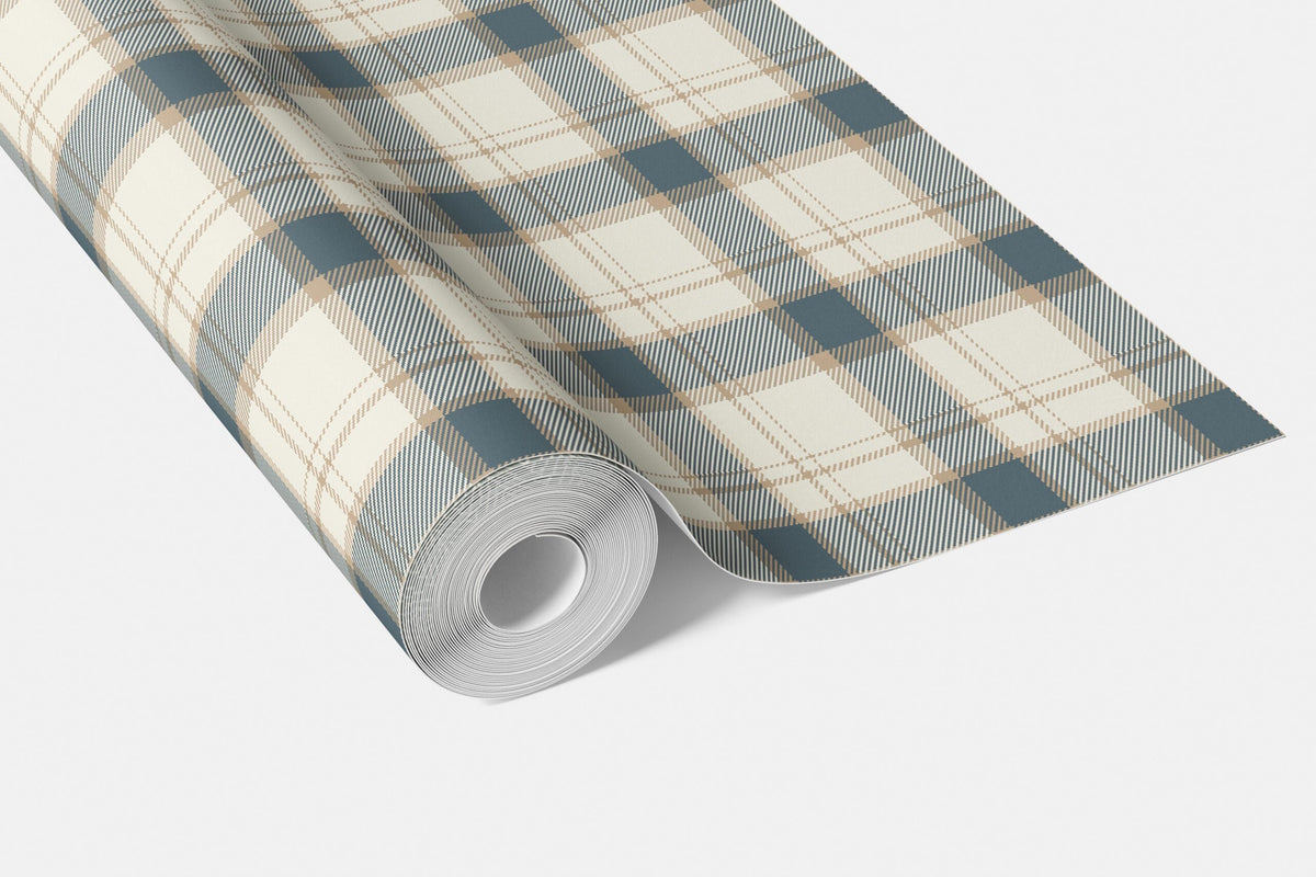 Neutral Geometric Plaid Checkered Bathroom Wallpaper Sample (Teal Blue/ Off-White/ Beige)