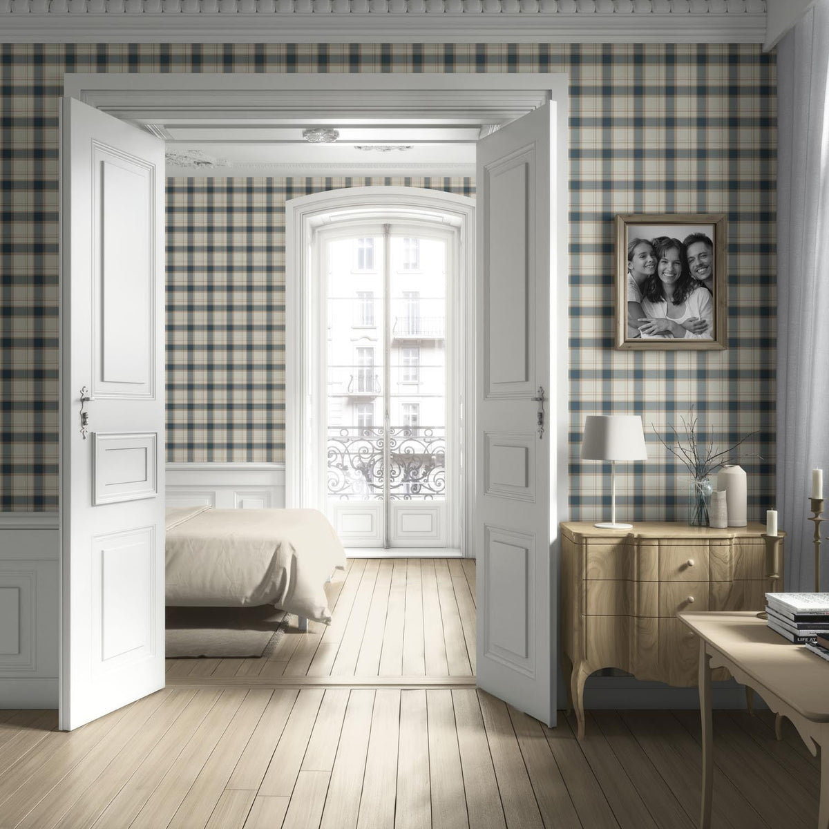 Neutral Geometric Plaid Checkered Living Room Wallpaper (Teal Blue/ Off-White/ Beige)