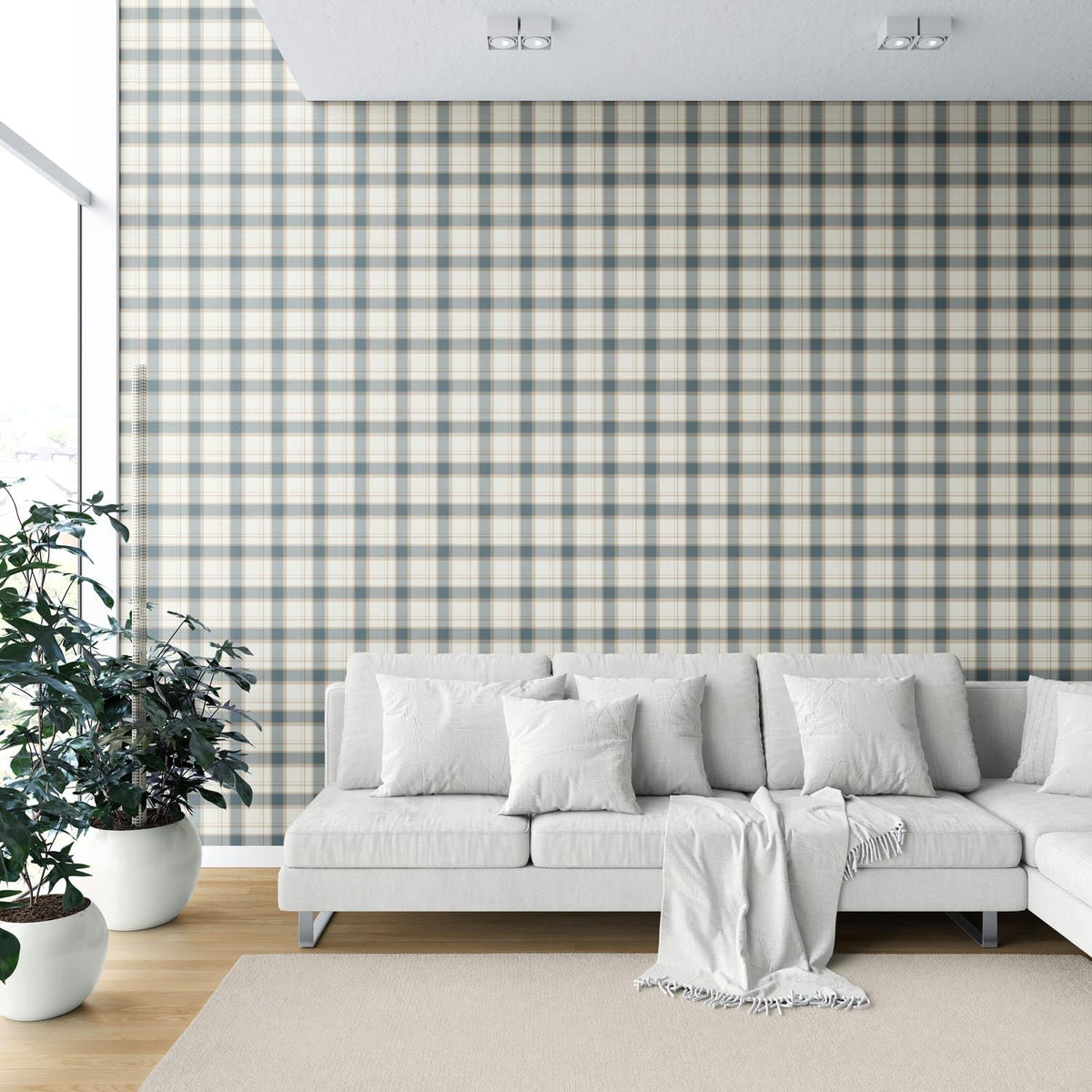 Neutral Geometric Plaid Checkered Shower Toilet Wallpaper Sample (Teal Blue/ Off-White/ Beige)